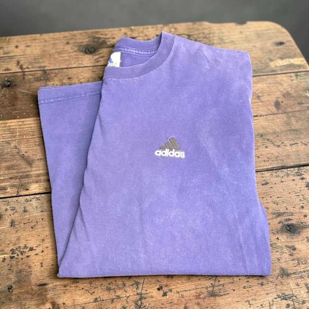 Vintage 90s Adidas T-Shirt Men's Sz Large Blue Embroidered Logo Center Spellout